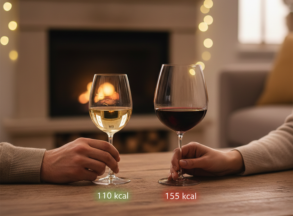 Two hands holding two different glasses of wine: one light, pale white wine in a smaller glass on the left and one dark, full‑bodied red in a larger glass on the right