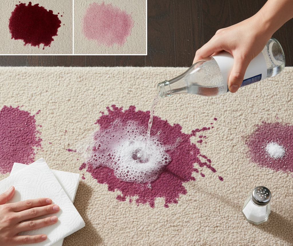 cleaning wine stain with salt vinegar and tissue