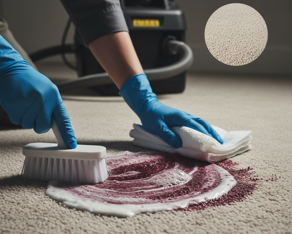 Carpet cleaning with brush and tissue with gloves on hand