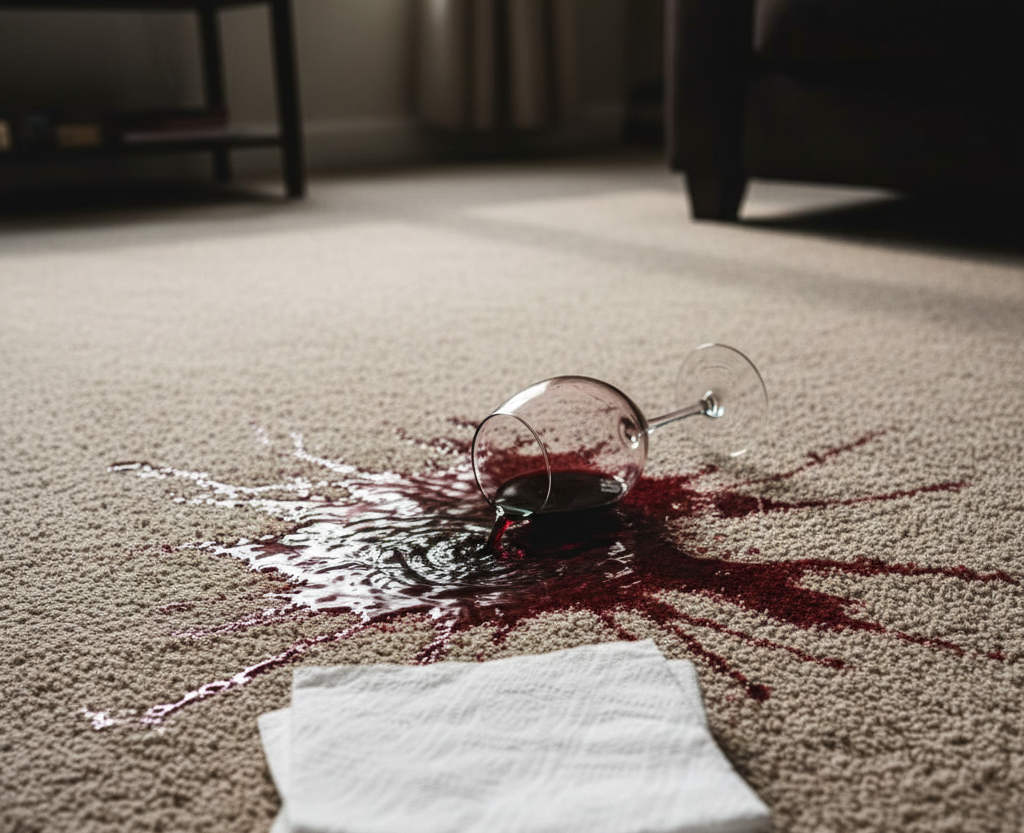 Red wine spilled from glass on the carpet near some tissue papers