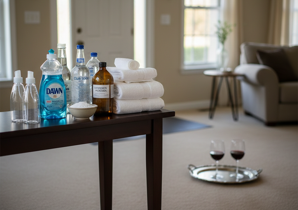 A stain cleaning kit placed on table and two wine glasses in a tray in background