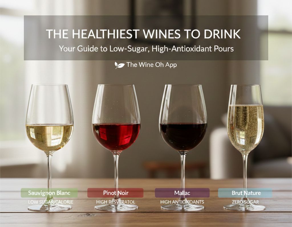 four wine glasses with different wines placed on a table in a room and banner says the healthiest wines to drink