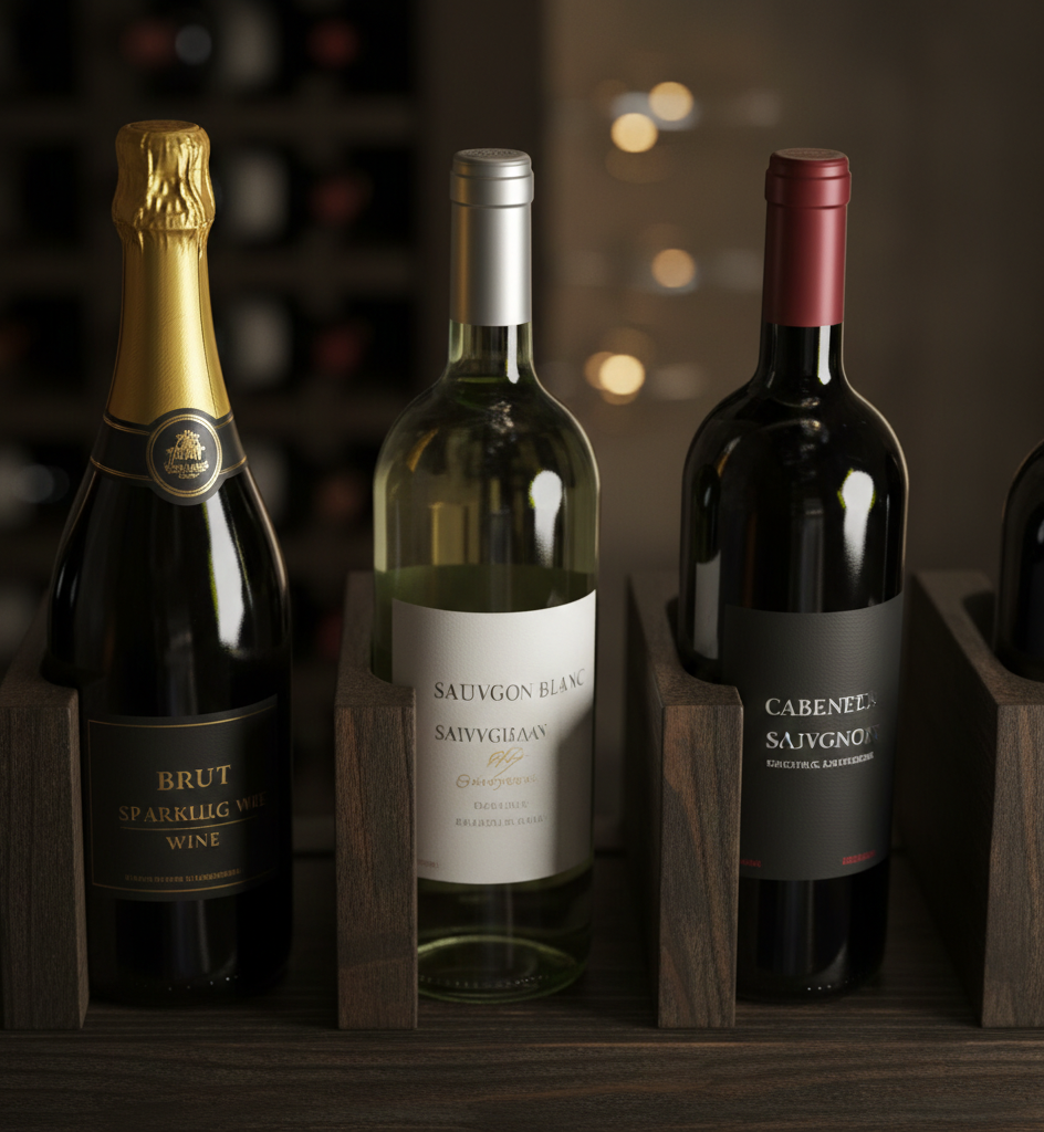 Cabernet Sauvignon, Sauvignon Blanc, Brut Sparkling Wine  bottles stacked in a wooden rack
