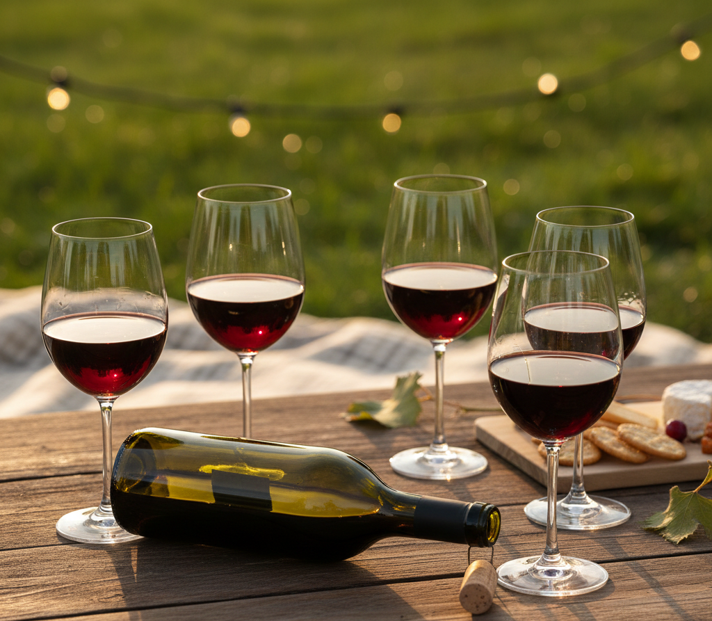 one empty bottle of wine lying sideways surrounded by 5 wine glasses containing wine