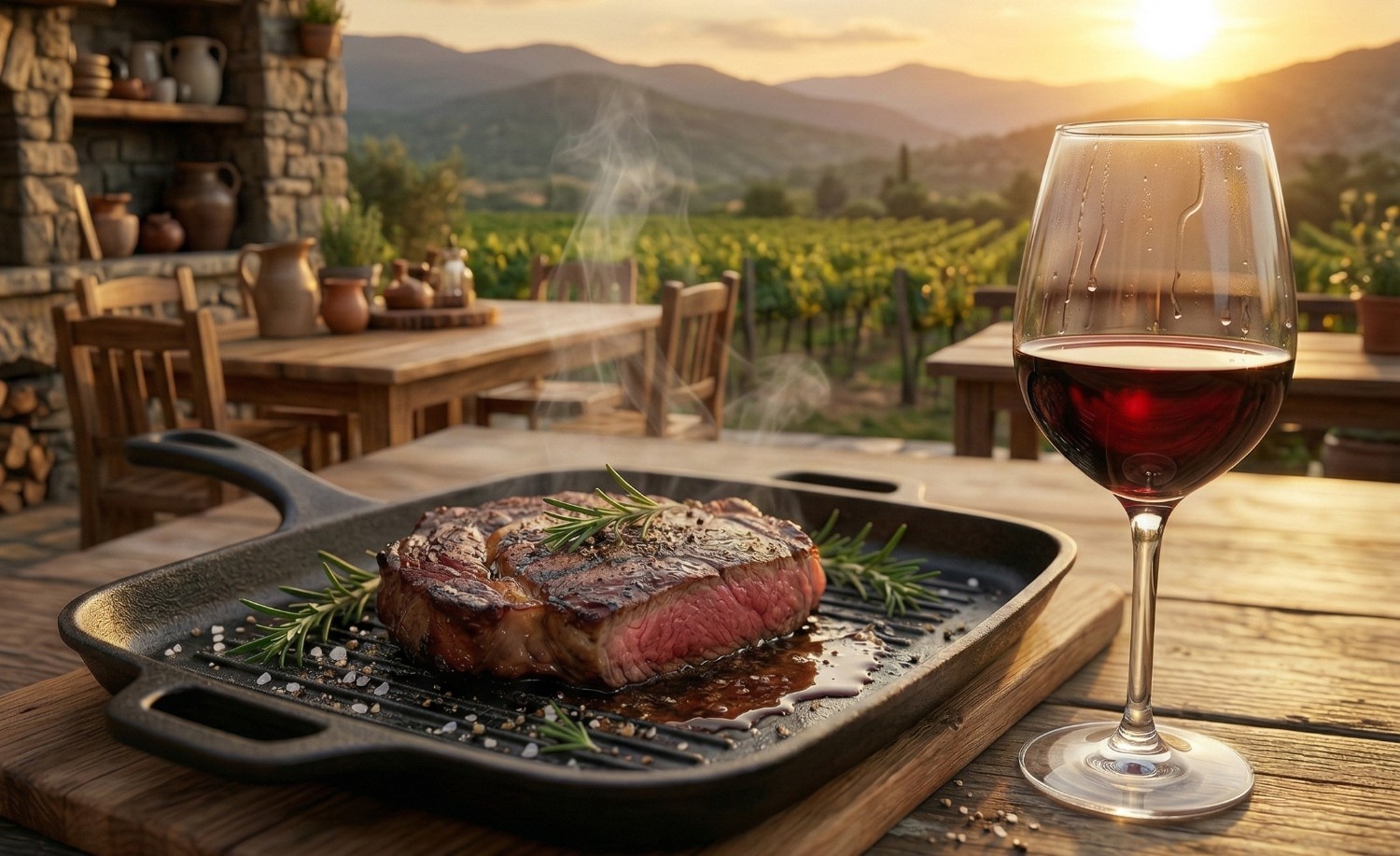 A smoking hot steak in pan next to a wine glass placed on a table outdoors