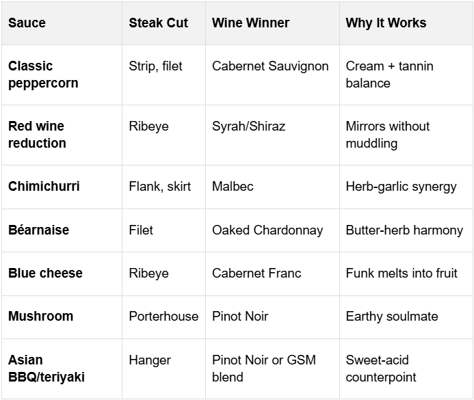 A chart showing the sauces, steak cut, wine winner and the reason the combination works