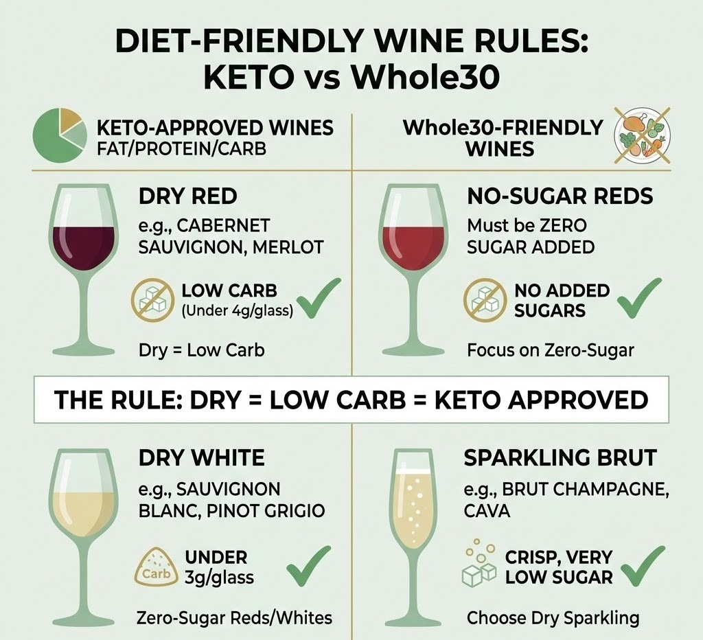 An info-graphic showing diet friendly wine rules for keto and whole 30 wines