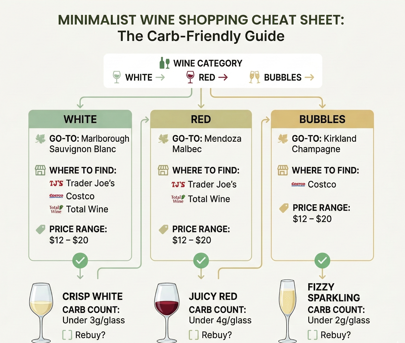 An infographic showing minimalist wine shopping cheat sheet