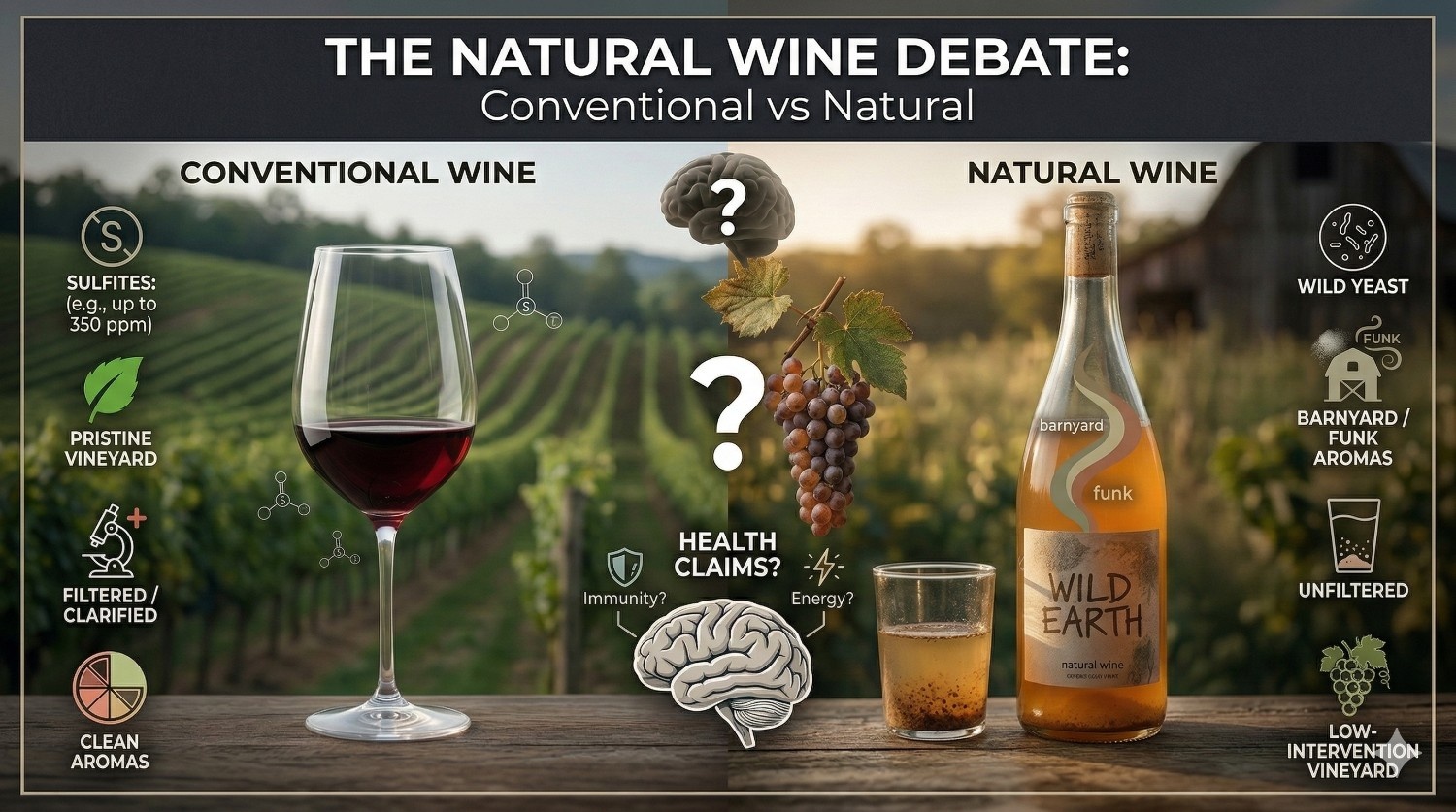 An infographic showing comparison of conventional and natural wine
