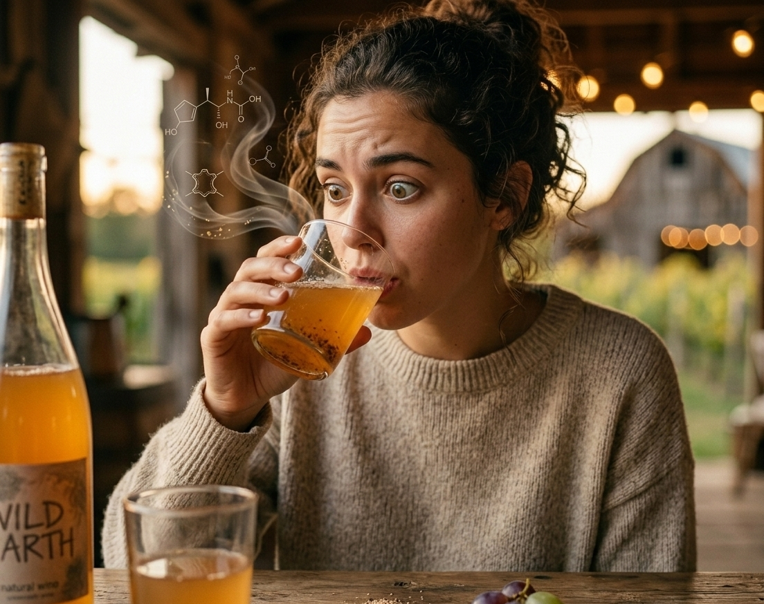 A girl drinking natural cloudy wine seems surprised