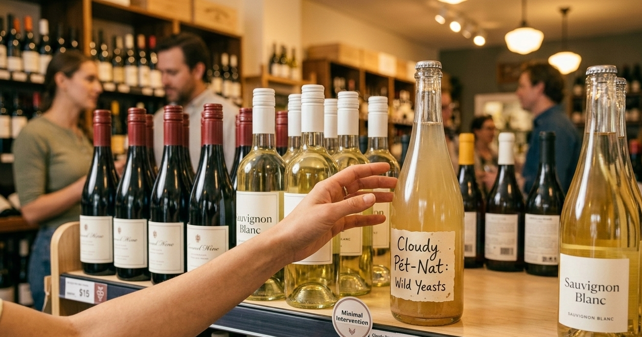 wine bottles kept in racks in mart with people in background