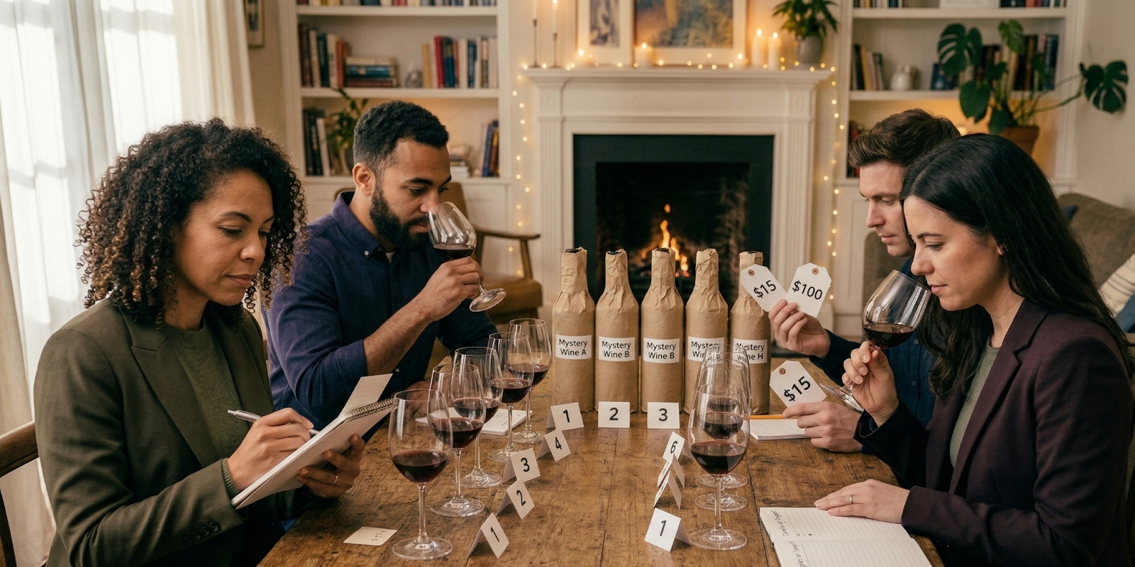 People sitting around table where paper covered wine bottles and glasses are kept. They are taking notes.
