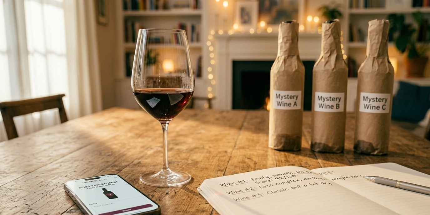 three paper wrapped wine bottles, a wine glass, a pen, notebook and a phone with the wine oh app opened in it kept on a table.