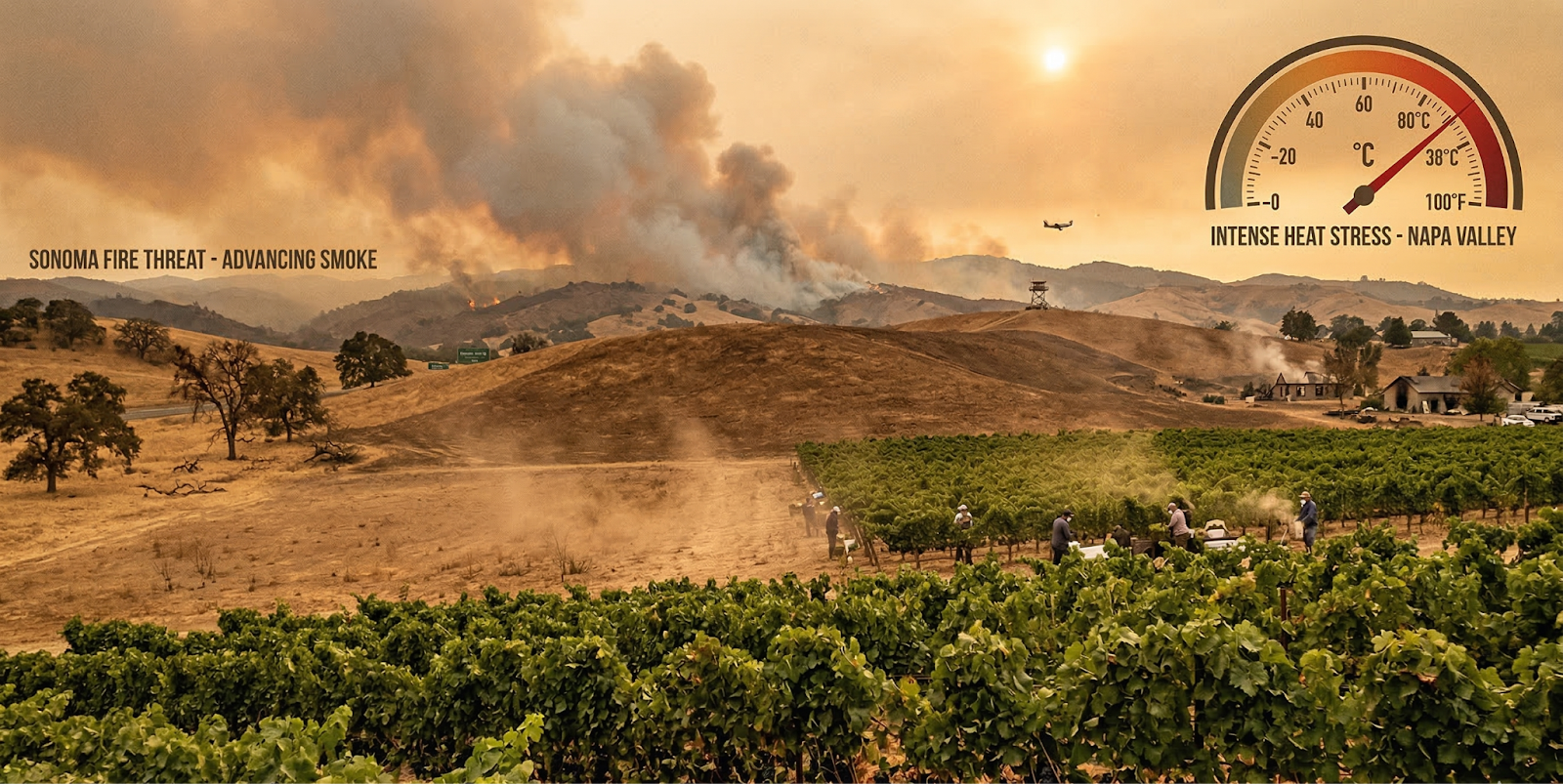 California wine country landscape showing rising temperature and reducing vegitation