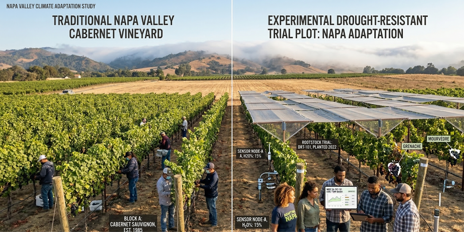 side-by-side comparison of traditional Napa Cabernet vineyard vs experimental drought-resistant trial plot nearby with shade cloth canopies, new rootstock vines, and precision drip irrigation visible