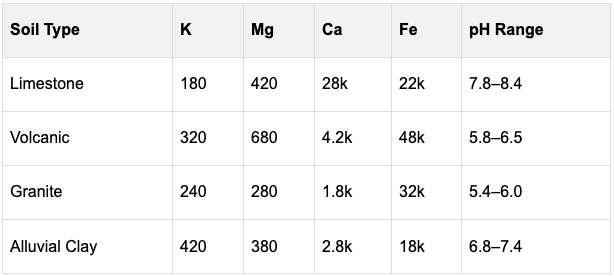 A chart showing minerals in different types of soils