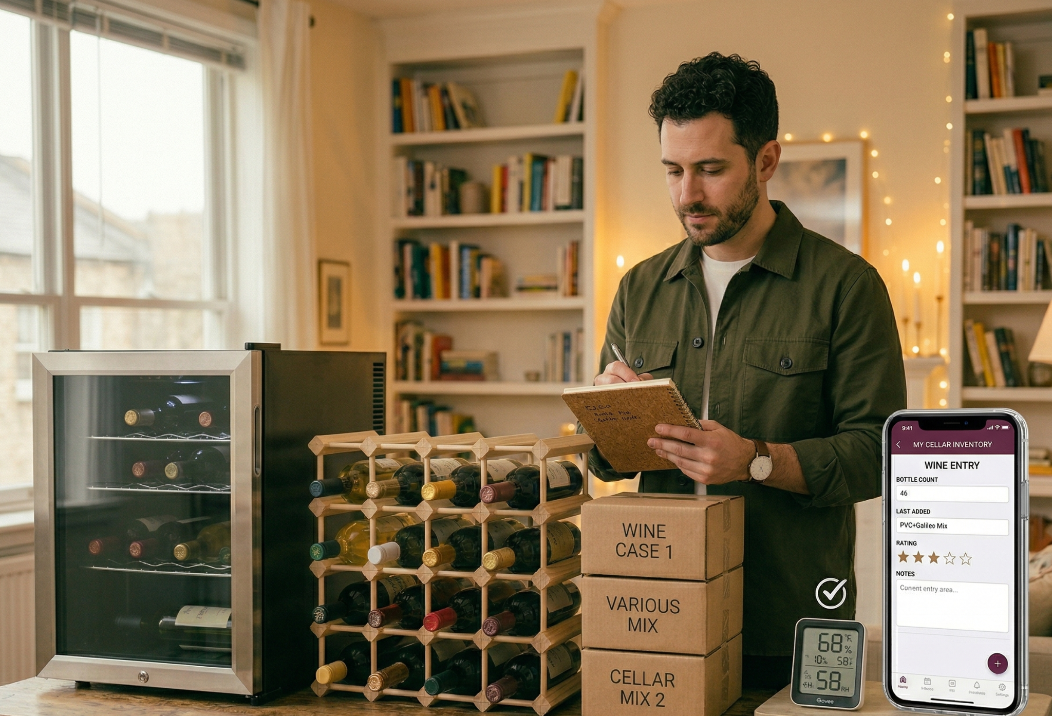 a Man taking notes of his wine bottles in his cellar and his phone nearby showing wine details.