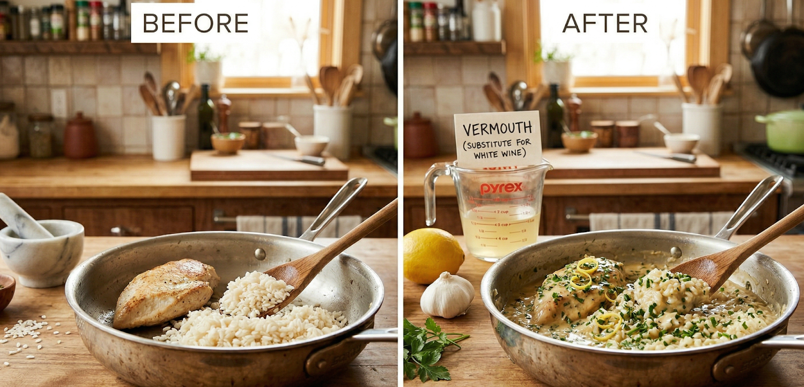 split image of meal without lemon juice on left and with lemon juice as alternate for white wine on the right