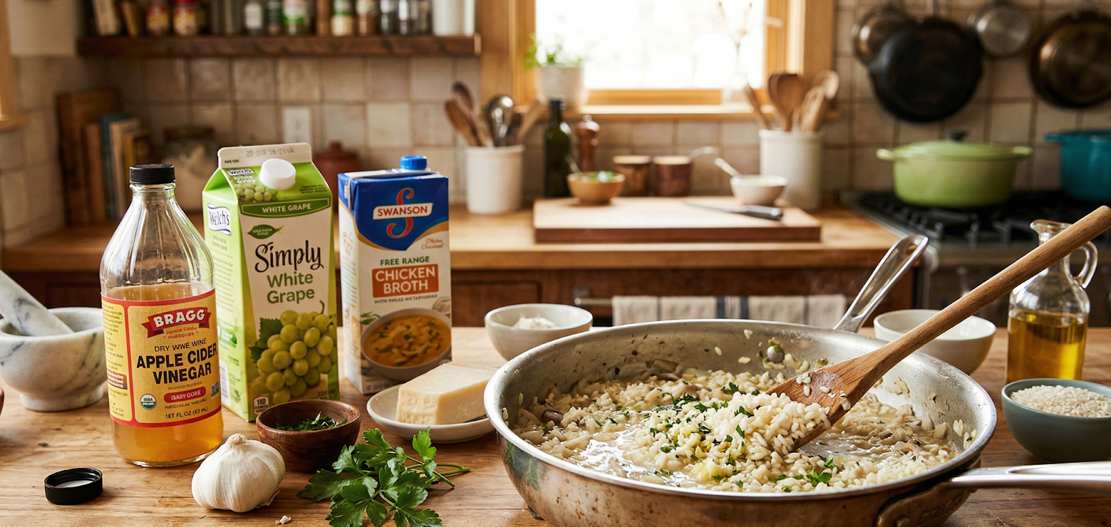 meal being prepared in kitchen with ACV, grape juice and chicken broth cartons nearby
