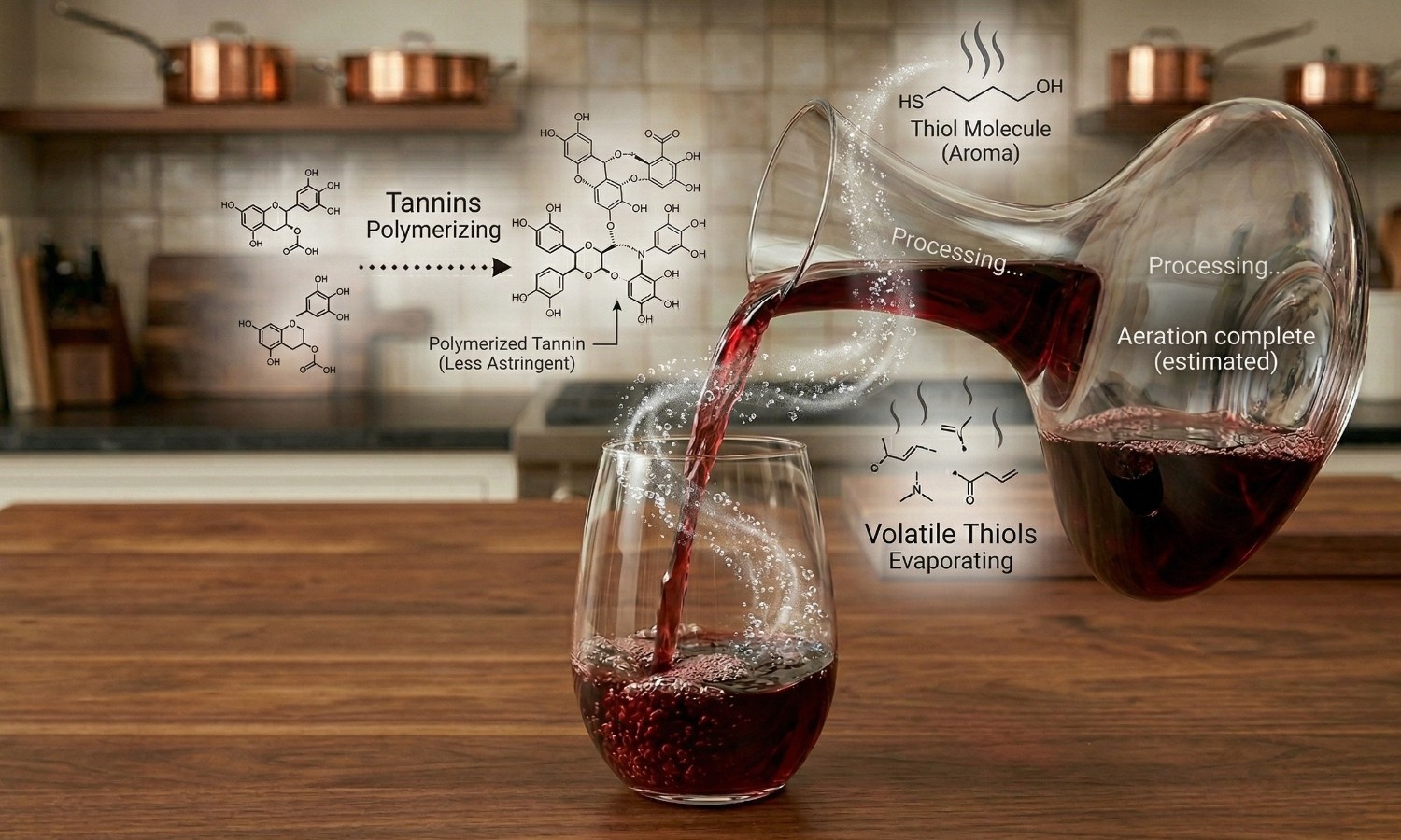 A glass decanter pouring deep ruby red wine, with visible oxygen bubbles swirling through the liquid