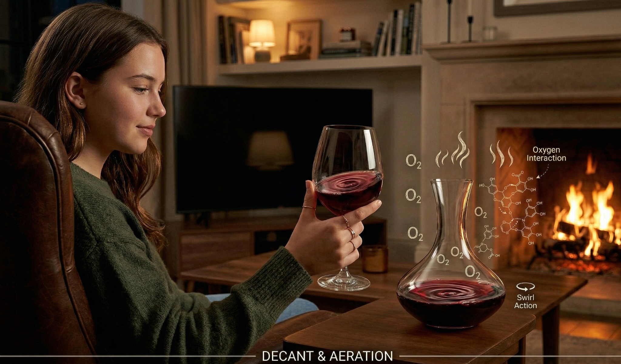 A girl sitting in living room swirling her wine glass and a decanter nearby on table
