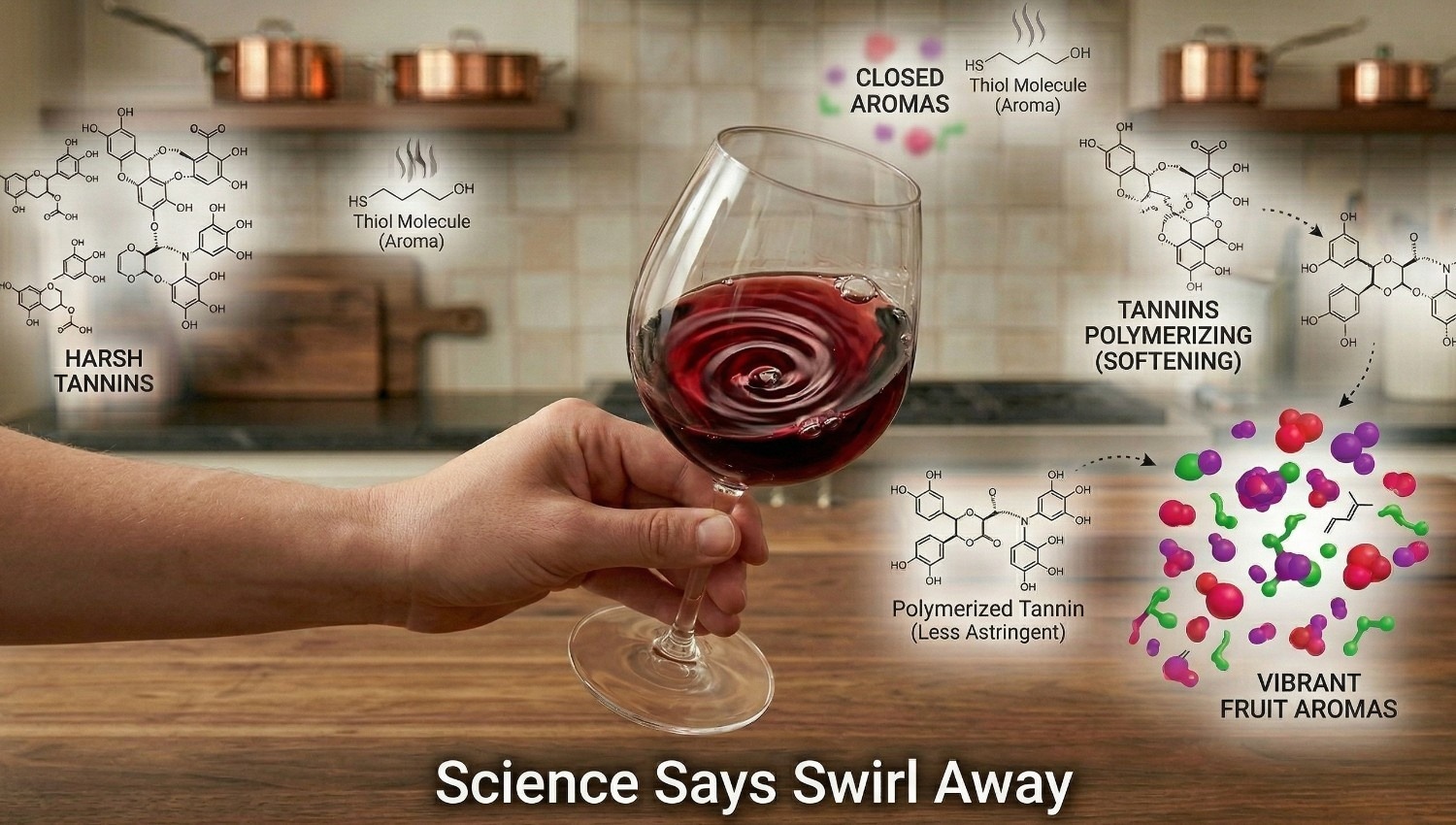 a hand swirling a large-bowled red wine glass over a wooden table