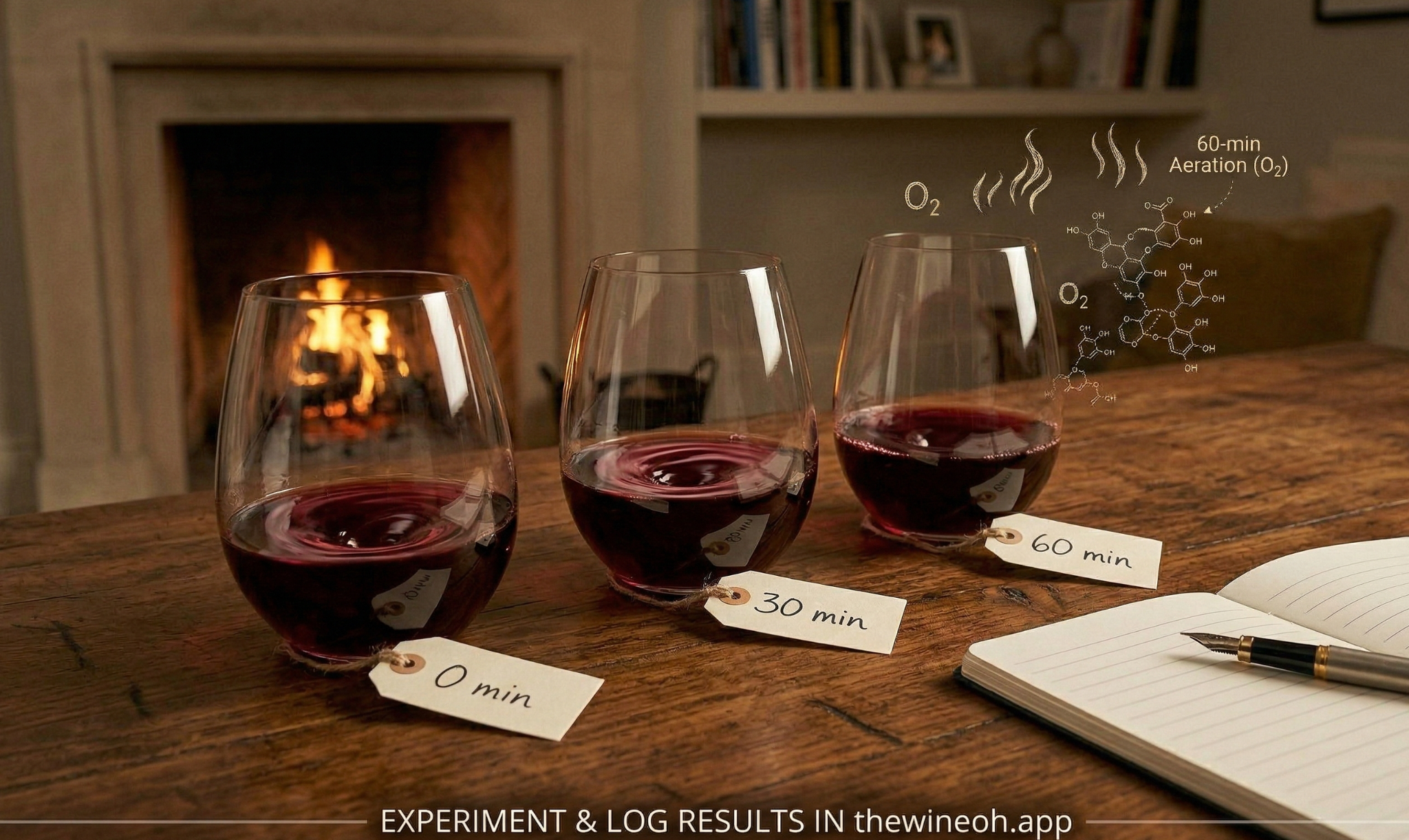 Three glasses of the red wine labeled “0 min,” “30 min,” and “60 min” on small paper tags, plus a notebook and pen placed on a table in living room