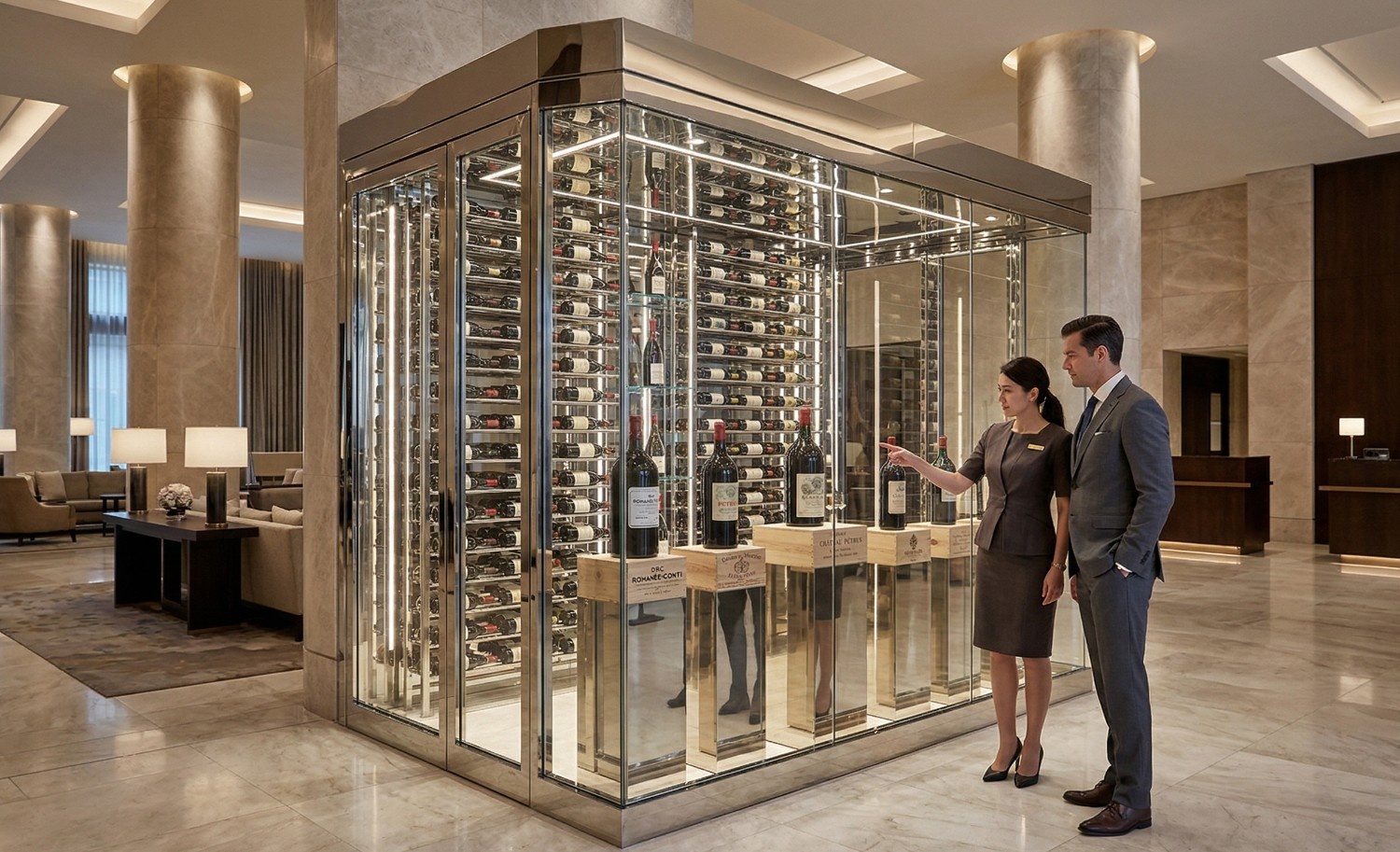 Wines placed in a lobby and a business man and woman standing nearby looking at them.