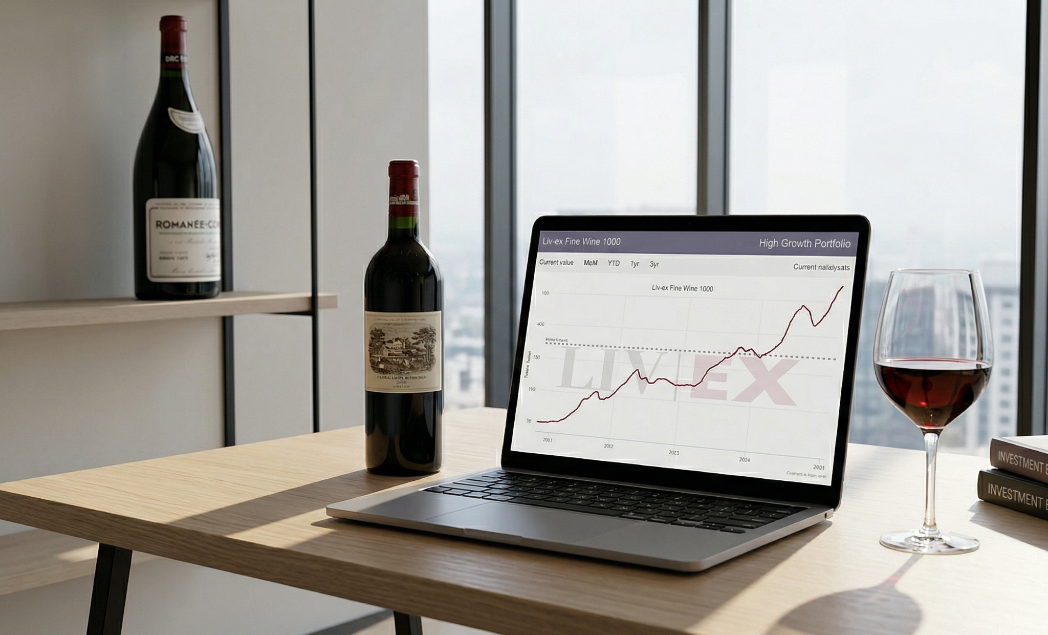 A laptop with graph on screen kept on a table with a wine bottle and a glass and another wine bottle on shelf