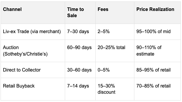 A chart showing the channel, time to scale, the fees and price realisation