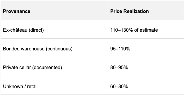 A chart showing the provenance and it's price relisation