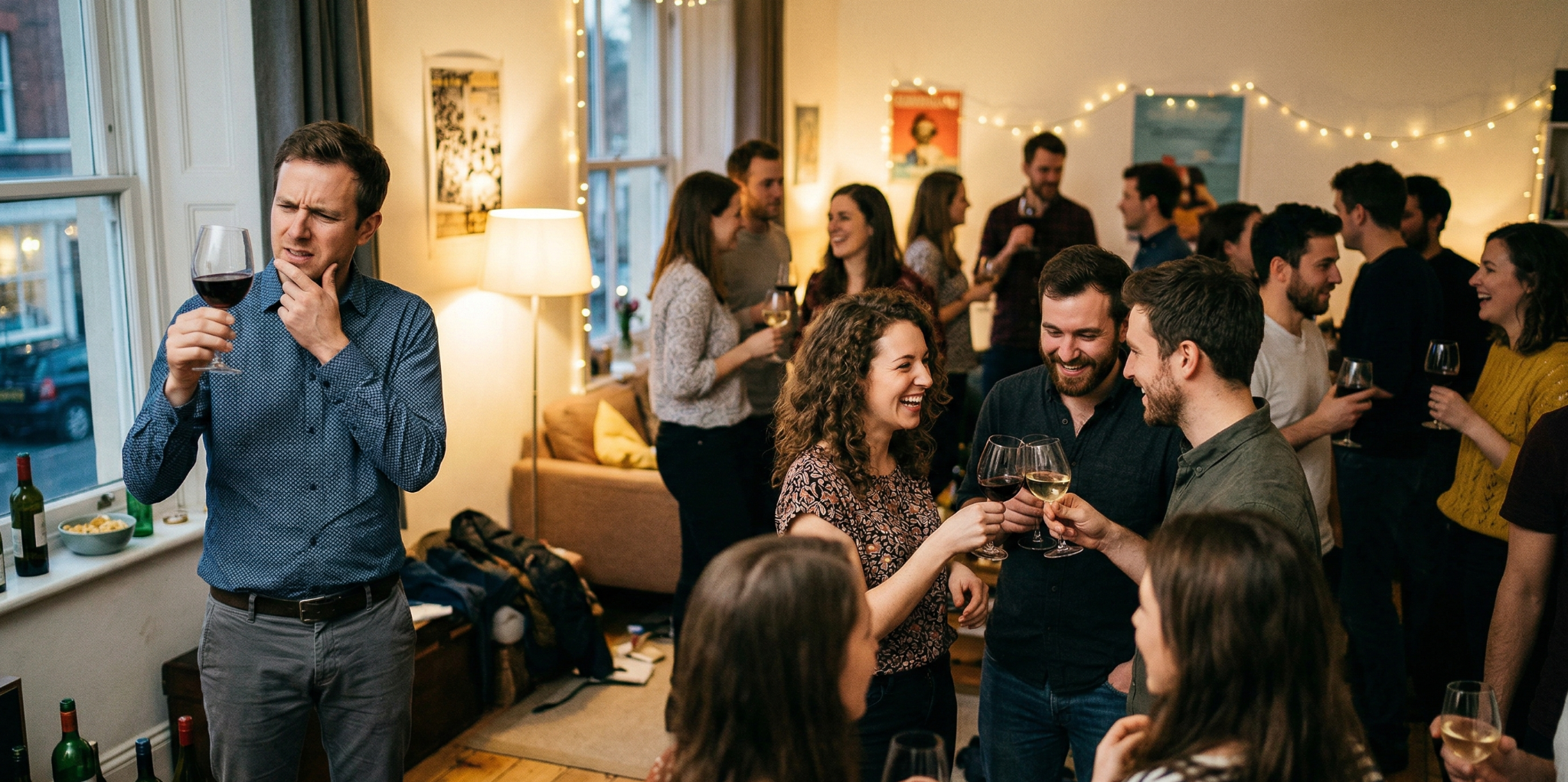 People enjoying wine in a house party and a man standing alone looking at his glass of wine looking confused