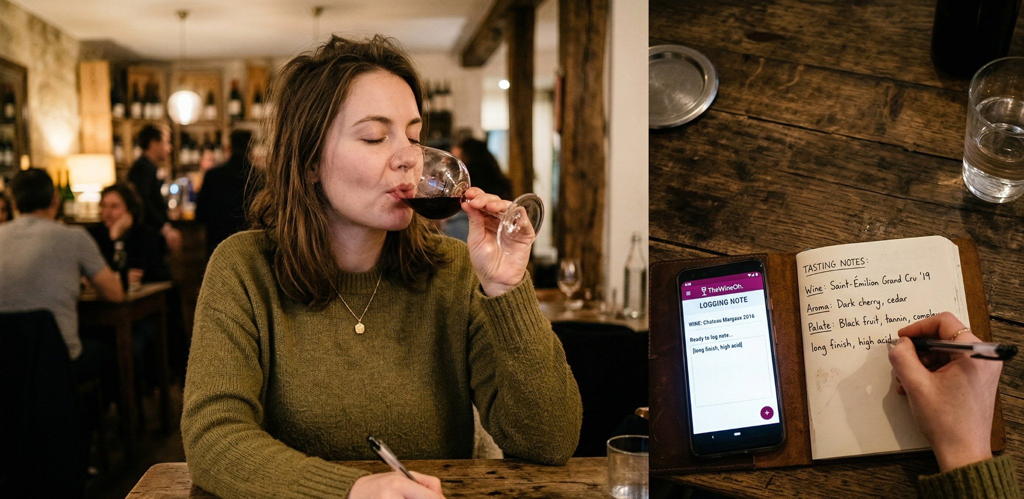 A woman sipping wine in restaurant with a notebook open beside her for scribbling and a smartphone showing thewineoh.app ready to log the note