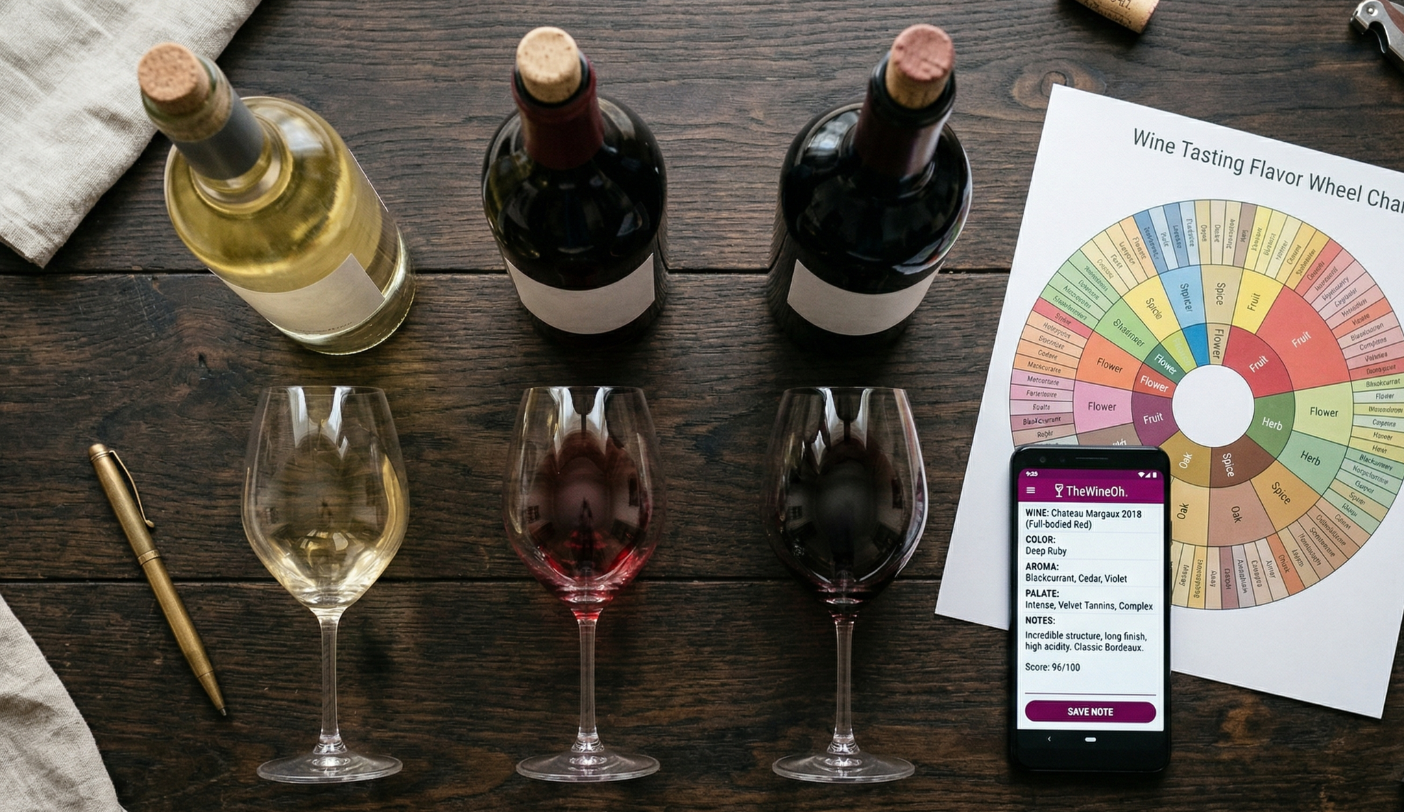 Three different wine bottles, three glasses flat-laying showing color variation, a pen, a tasting wheel chart, and a phone screen displaying a filled-out tasting note in thewineoh.app