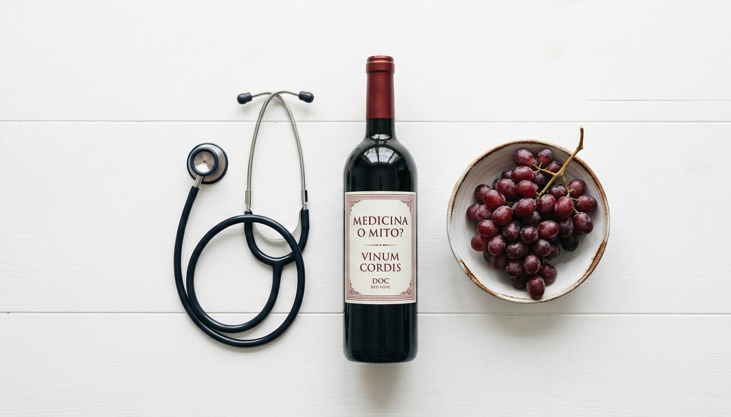 A bottle of red wine centered on a white wooden table, flanked by a stethoscope on one side and a small bowl of fresh red grapes on the other