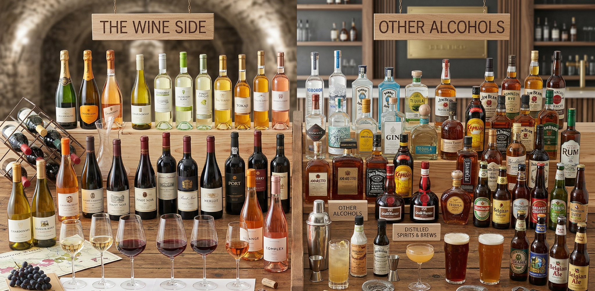 A split image showing wines on one side and other alcohol bottles on the other side