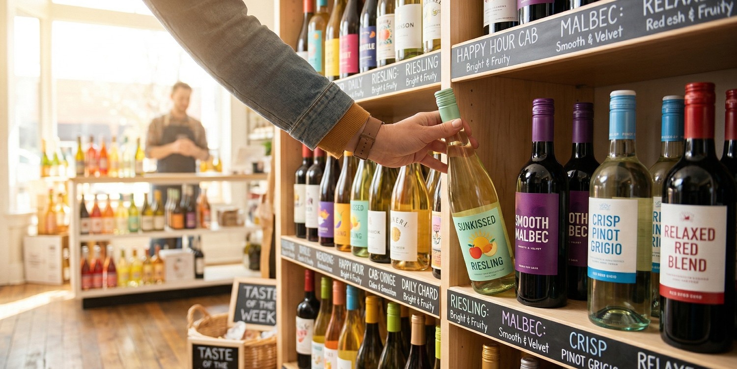A wine shop aisle: a hand reaching for a bottle from a neatly organized shelf