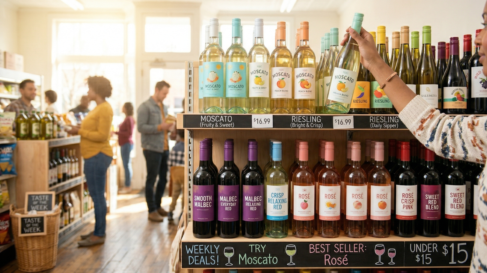 A diverse array of wine bottles neatly lined up on a shelf, with a hand confidently reaching for one