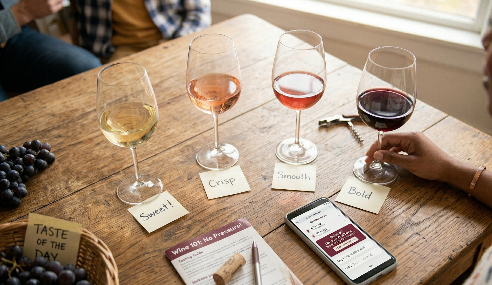 A wooden kitchen table: four different wines in glasses, each with a small sticky note, and a smartphone open to thewineoh.app ready to log in taste data