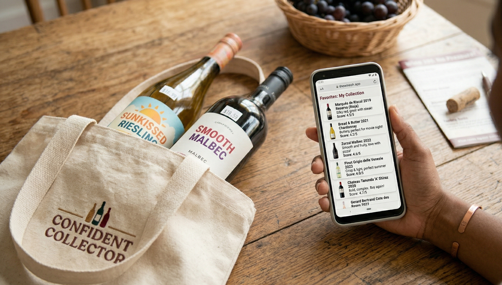 A hand holding a smartphone displaying a favourites list in thewineoh.app and a tote bag with 2 win bottles in it and a grapes basket on a table.