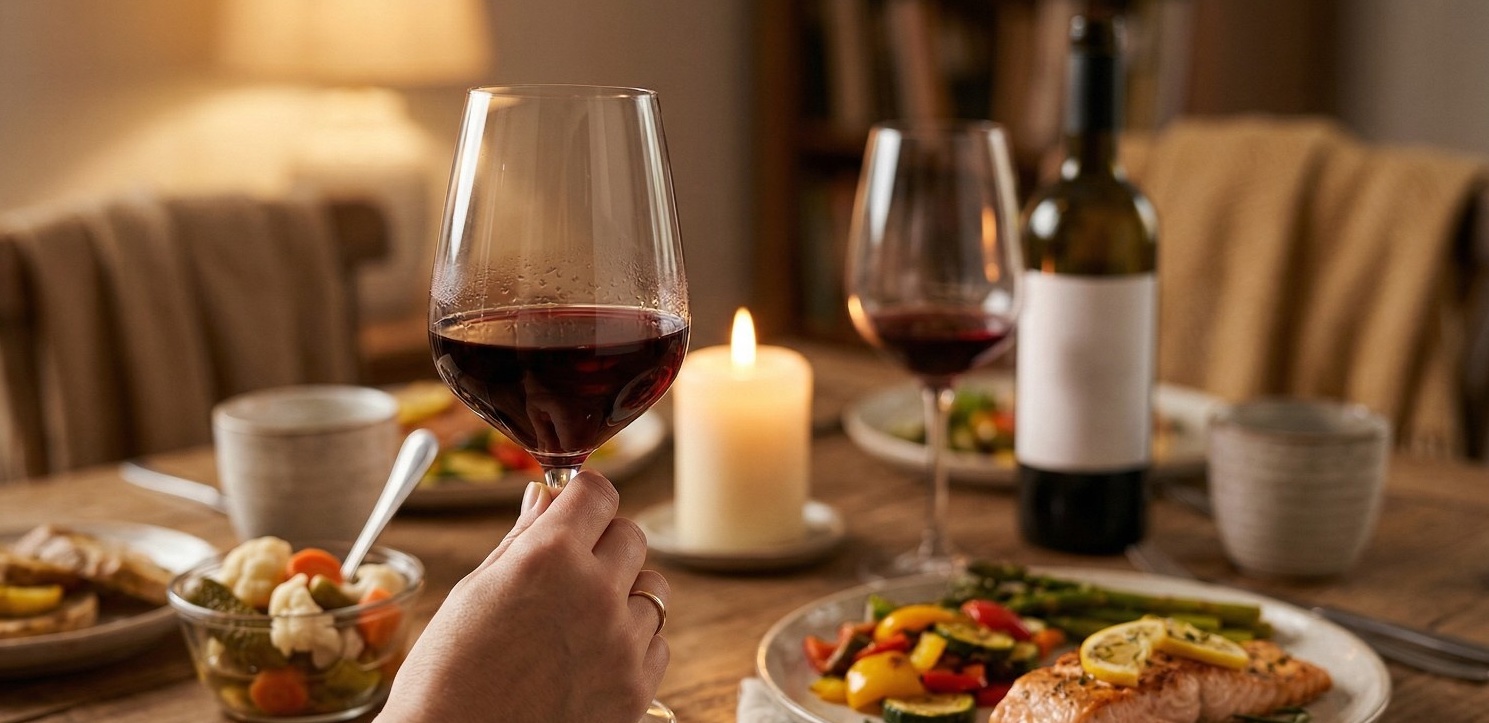 A hand holding a glass of deep ruby red wine against a soft-focus background of a cozy dinner table set with fresh, gut-friendly foods