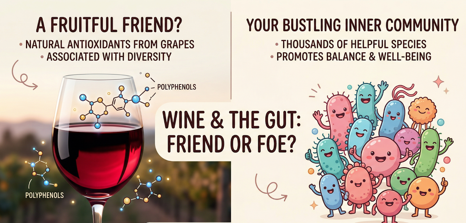 A split-composition infographic: on the left, a vibrant glass of ruby red wine with floating polyphenol molecules; on the right, a friendly, colourful illustration of a human gut microbiome