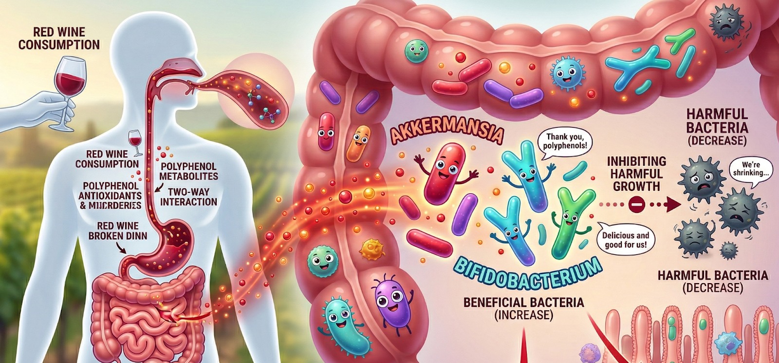 An illustration showing the journey of wine through the digestive tract: polyphenols feeding beneficial bacteria while harmful bacteria shrink away