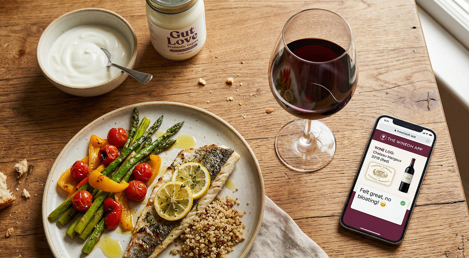 A glass of red wine on a wooden table next to a healthy Mediterranean meal, a yogurt jar, and a smartphone displaying thewineoh.app logged with the bottle and a quick note