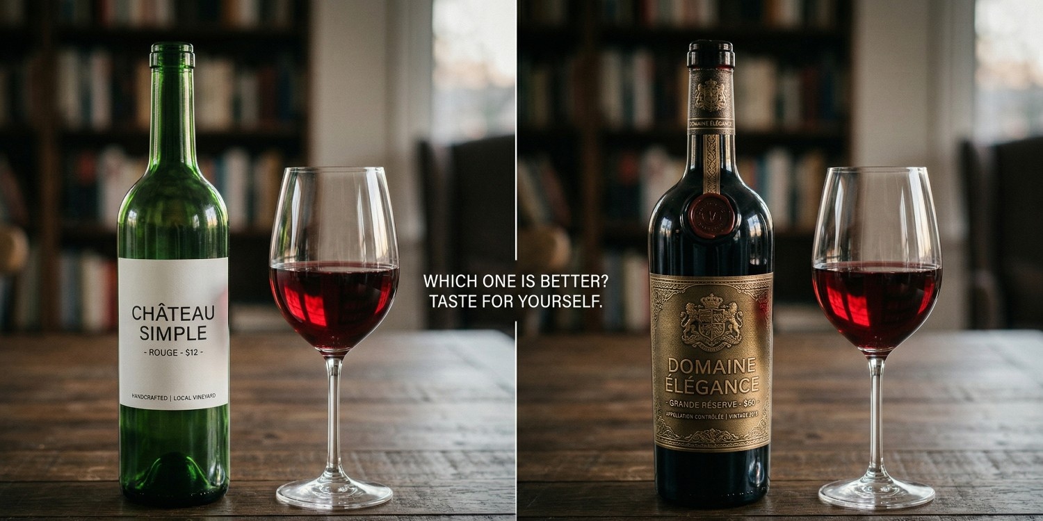 A split-composition shot: on the left, a $12 bottle with a simple label next to a filled glass; on the right, a $60 bottle with a heavy, embossed label and wax seal next to an identical glass