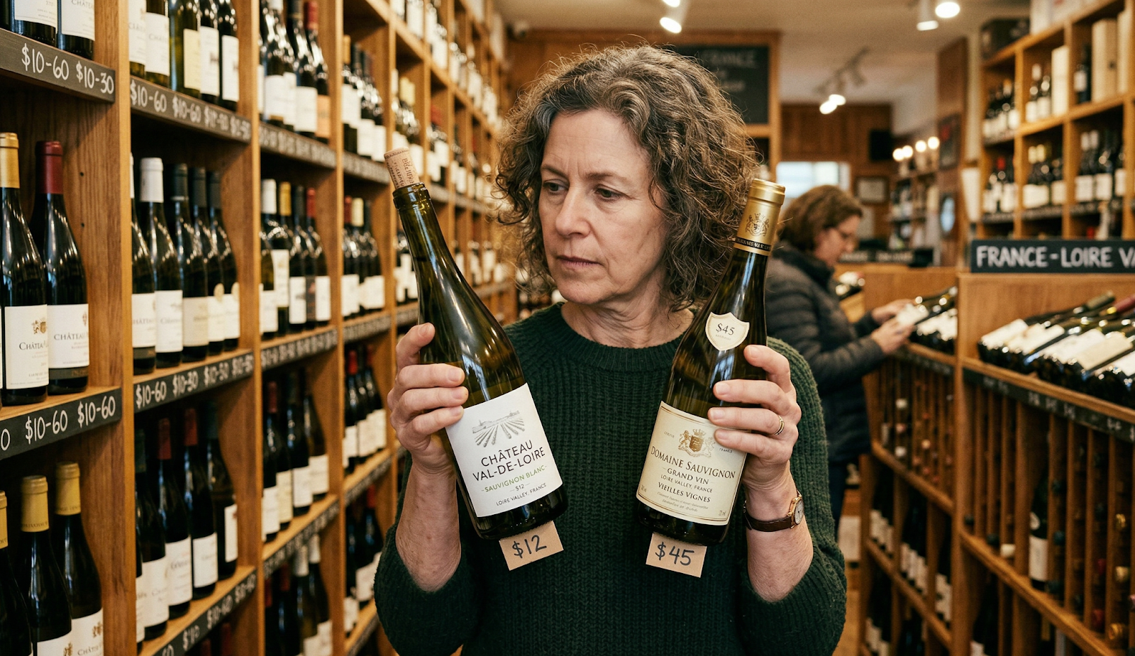 A lady standing in the aisle, holding two wine bottles.