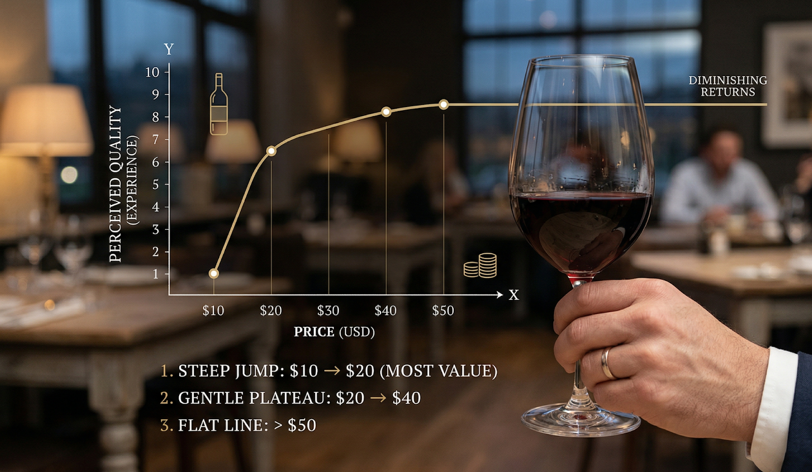A hand holding a wine glass in the foreground, with a subtle, elegant line graph floating beside it showing the "quality vs. price" curve
