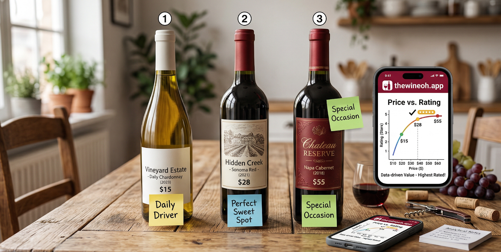 Three wine bottles at different price points, lined up with handwritten sticky notes on each, next to a smartphone displaying thewineoh.app with a clear "Price vs. Rating" chart placed on a wooden table