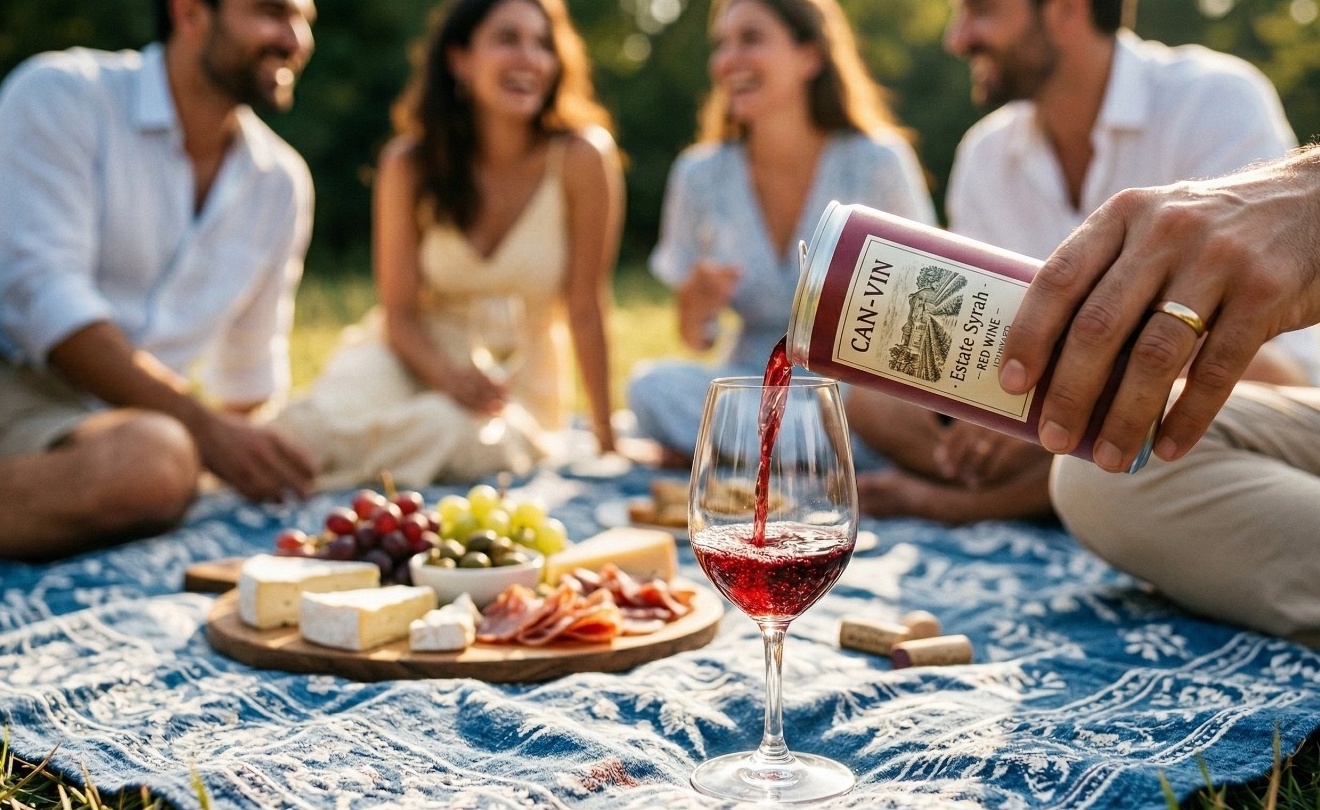 A hand pouring red white from a stylish can into a wine glass on a sun-drenched picnic blanket, with a charcuterie board and friends blurred in the background