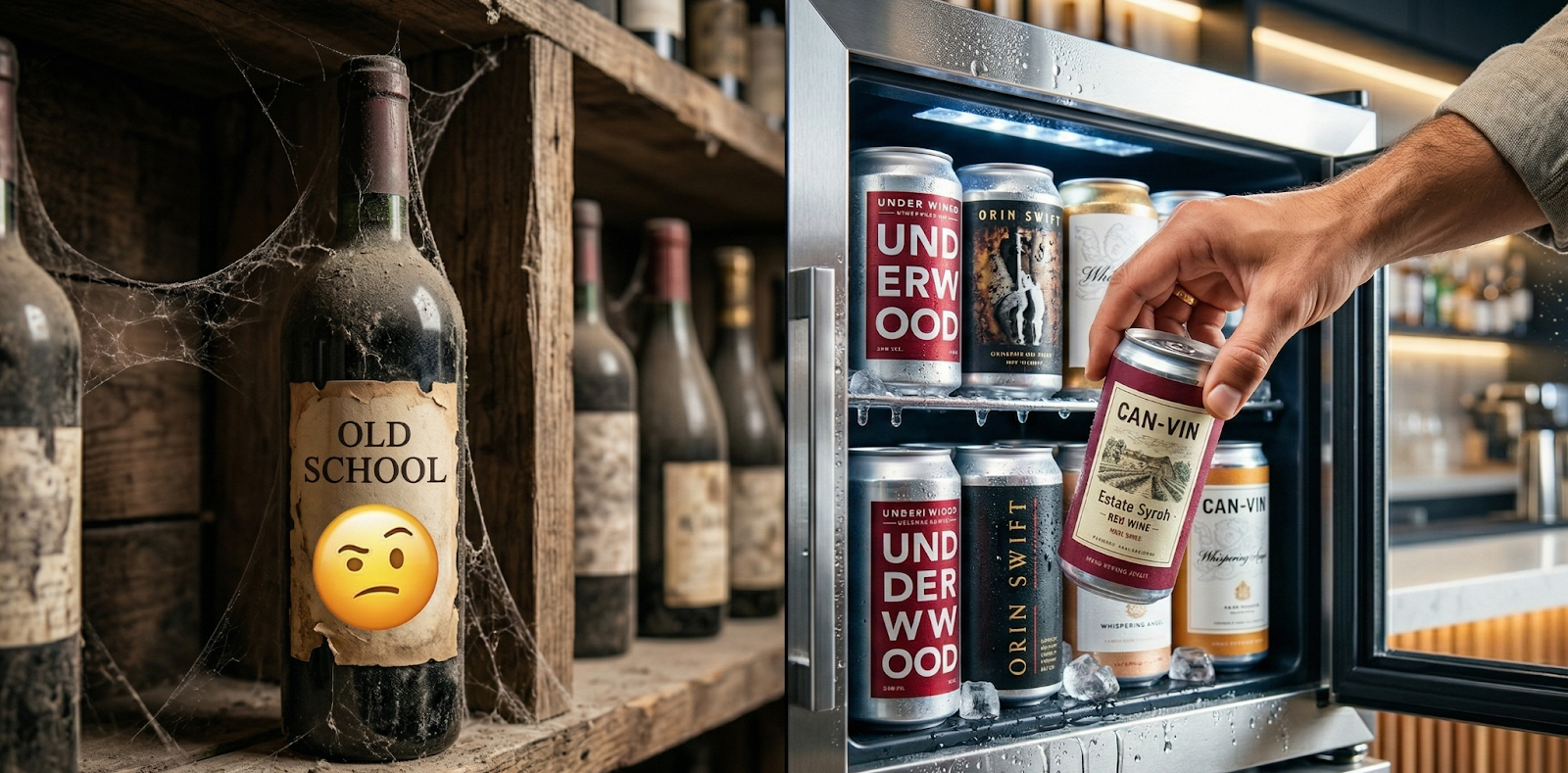 A split-composition shot: on the left, a dusty, cobwebbed wine bottle labeled "Old School" with a skeptical face emoji; on the right, a sleek, colorful array of premium canned wines chilling in cooler with condensation dripping, a hand confidently reaching for one
